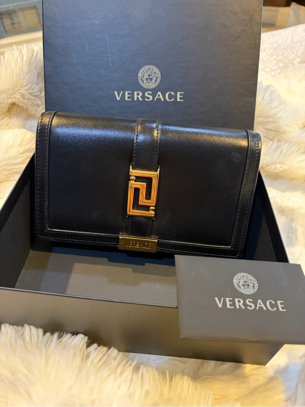 Versace Black Leather Clutch with Gold Greek-Key Accent